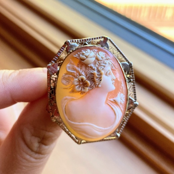 *HP* Antique Victorian 14k white gold filigree cameo hand carved brooch pendant - Picture 8 of 15